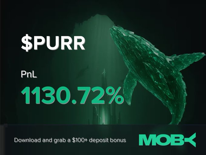 The image promotes a win alert featuring the $PURR token, displaying a trader on Moby who closed the position with an impressive +1130.72% PnL. It includes a Moby logo and a promotional message offering a "$100+ deposit bonus" for downloading the app, all set against a dramatic green-tinted background with a whale sculpture.