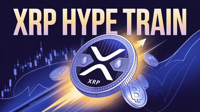 A digital promotional graphic featuring a large XRP coin at the center with smaller coins cascading around it, overlaid on a blue background displaying candlestick charts and an upward-trending arrow. The bold headline "XRP HYPE TRAIN" appears at the top, visually emphasizing the post's message about anticipated XRP momentum during a broader Bitcoin bull run that viewers may be overlooking.
