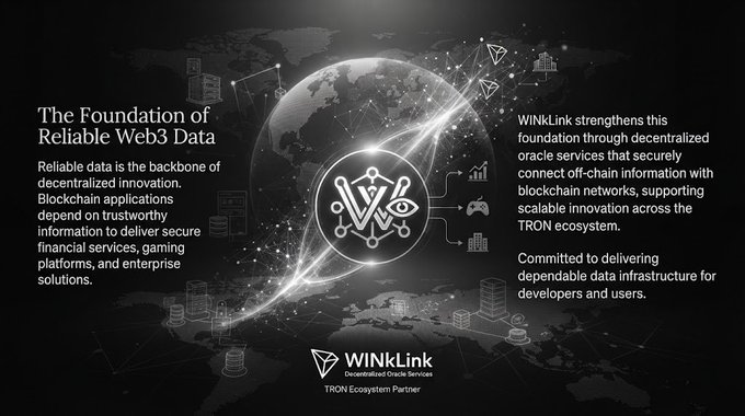 A dark-themed informational panel explains 'The Foundation of Reliable Web3 Data' highlighting its decentralized infrastructure as a 'WinkLink TRON Ecosystem Partner.'