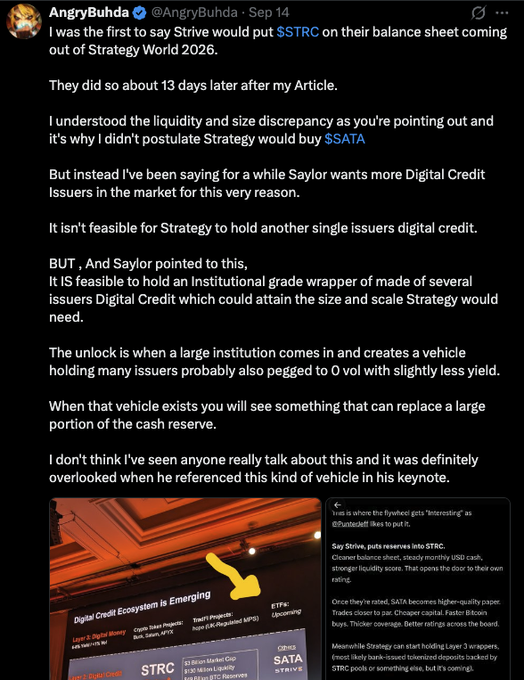 A Twitter post by @AngryBuhda discussing his prediction that Strive would put $STRC on their balance sheet and arguing for an institutional-grade wrapper holding multiple issuers' digital credit. The image shows a slide from a presentation captioned "Digital Credit Ecosystem Is Emerging," highlighting STRC, SATA, and ETFW (Upcoming) as Tier #1 Projects, illustrating the multi-issuer Treasury preferred equity vehicle concept the post references.