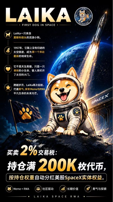 A promotional poster for "$LAIKA - First Dog in Space" featuring an astronaut Shiba Inu with a rocket and Earth backdrop, highlighting a 2% buy/sell transaction tax, 200K token holdings for dividends in SpaceX equity, and noting $50K in LP incentives and Meme+RWA community-driven long-term value.