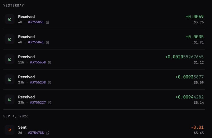 A transaction history showing five "Received" Monero ($XMR) deposits yesterday (ranging from 0.00205 to 0.00934 XMR, valued $1.12-$5.14) and one "Sent" transaction of 0.01 XMR ($5.45) on Sep 4, 2026, illustrating the user's preference for receiving XMR over USDT due to its private, untraceable nature.