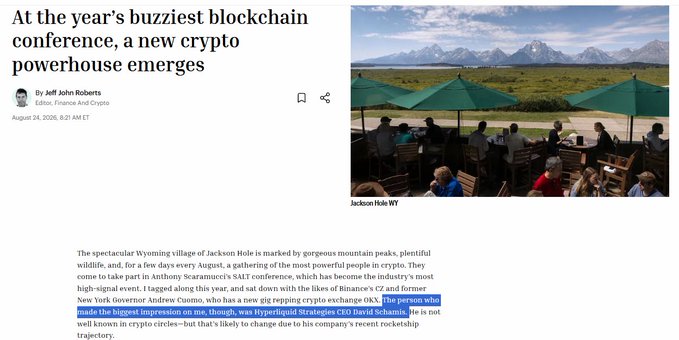 An article titled 'At the year's buzziest blockchain conference, a new crypto powerhouse emerges' by Jeff John Roberts, highlighting Coinbase CEO Brian Armstrong and Hyperliquid Strategies CEO David Schamis at a Wyoming gathering with mountain views.
