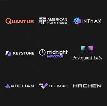 A grid of nine crypto company logos—including Quantus, American Fortress, INTMAX, Keystone, Midnight Foundation, Postquant Labs, Abelian, The Vault, and HACKEN—representing the newly announced coalition aimed at setting security standards against future quantum computing threats to Bitcoin.