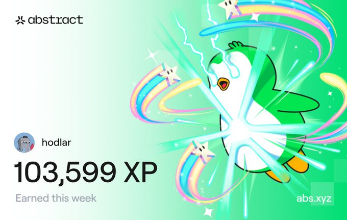 An abstract crypto loyalty dashboard showing user 'hodlar' earned 103,599 XP this week, featuring a cartoon penguin mascot on a green pixelated background.