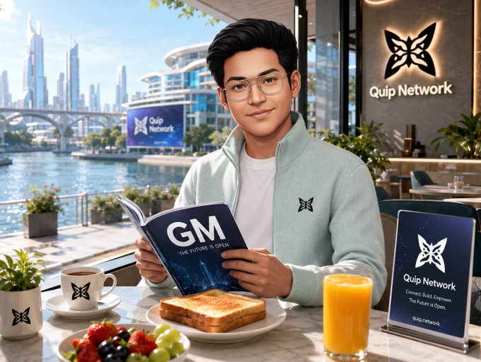 A stylized illustration of a young man with glasses reading a book titled 'GM' at a cafe table, with 'Quip Network' branding visible on the wall, a tablet, and merchandise.