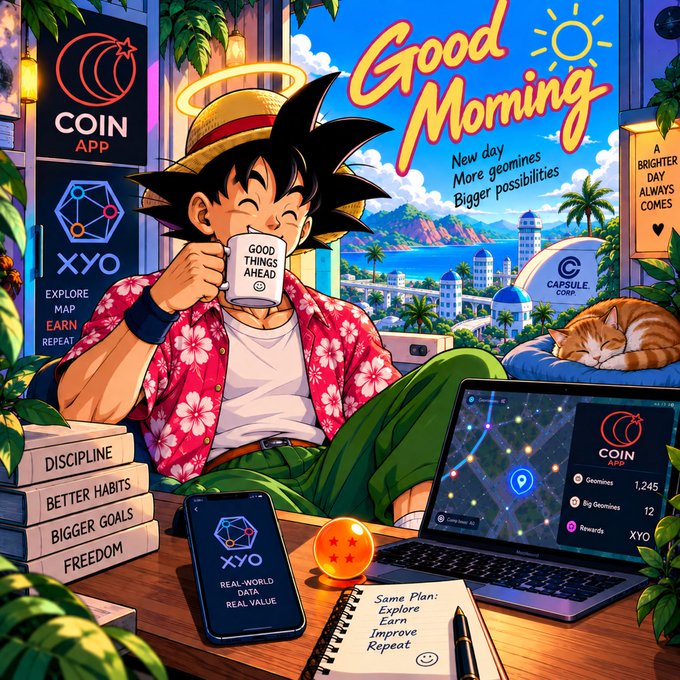 An anime-style illustration shows a Goku-like character drinking from a 'Good Things Ahead' mug, surrounded by 'COIN APP', 'XYO', and 'Capsule Corp' branding with motivational text including 'DISCIPLINE', 'BETTER HABITS', 'BIGGER GOALS', and 'FREEDOM'.