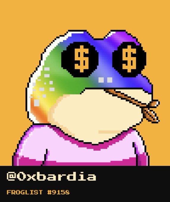 A pixel art profile picture of a faceless figure wearing a rainbow-colored frog hat with '$' symbols for eyes, a pink shirt, and a bandana, labeled '@0xbardia' and 'FROGLIST #9158'.