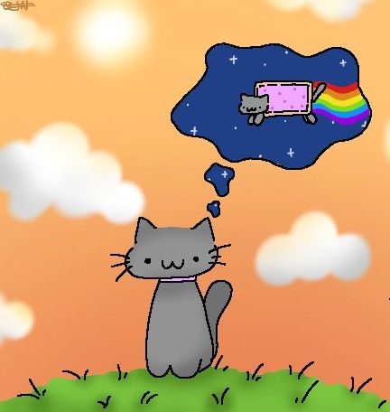 A cartoon gray cat sitting on grass at sunset, dreaming of another cat flying through space on a rainbow while playing a retro Nintendo-style console, with a Korean watermark in the corner.