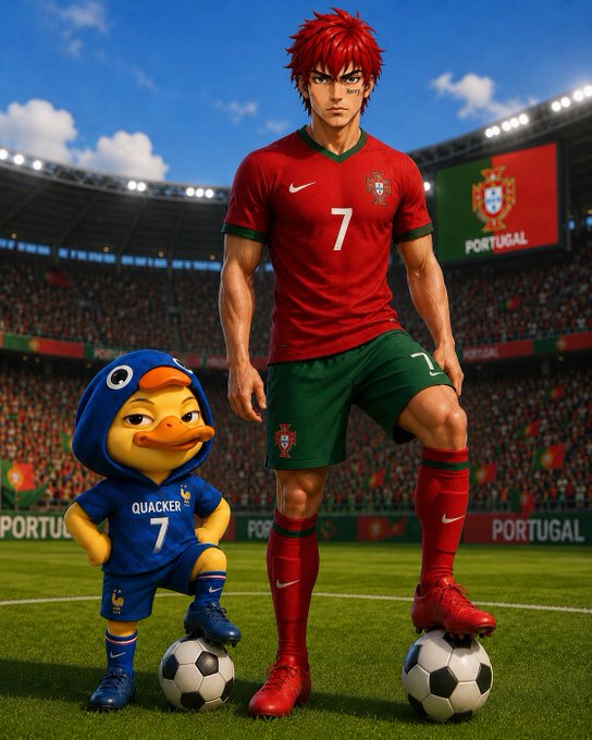 The image features two soccer players standing next to each other with soccer balls between them. One of the players has a red jersey, while the other player wears a blue one. The background shows an empty stadium filled with spectators watching the game. There is also a small cartoon duck character in the scene.