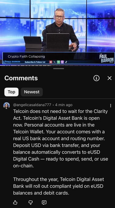 A screenshot of Paul Barron's "Crypto Faith Collapsing" video showing a comment by @angelicasaldana777 discussing how Telcoin's Digital Asset Bank is already operational and doesn't need to wait for the Clarity Act, aligning with the post's point about Telcoin being a strong alternative winner regardless of the Clarity Act's passage.