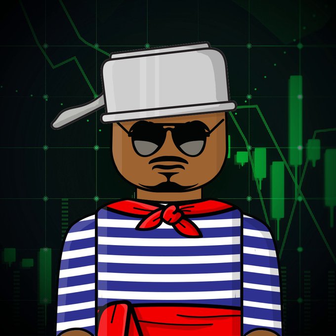 A cartoon illustration of a French mime character wearing a white hat, sunglasses, red neckerchief, and blue-and-white striped shirt, set against a green financial candlestick chart background.