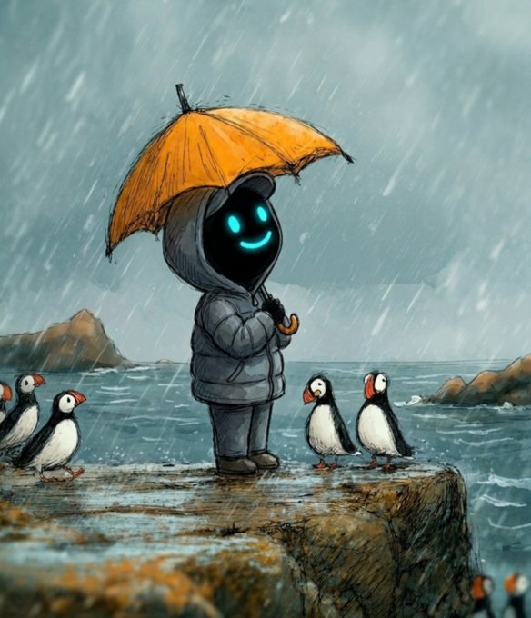 A hooded figure with a glowing blue smiley face stands under an orange umbrella in the rain on a rocky cliff, surrounded by four puffins, capturing the cozy, cheerful "Gm" vibe of a rainy weekend greeting.