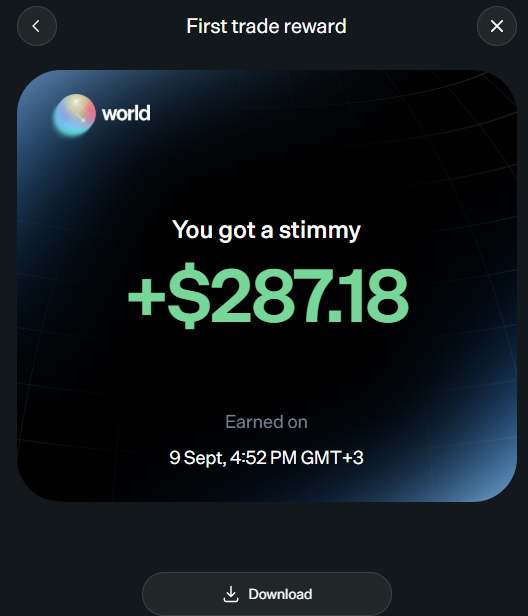 A “First trade reward” from world_xyz showing a +$287.18 airdrop credited on 9 Sept at 4:52 PM GMT+3. It illustrates the post’s claim that trading at least $5 through a connected Backpack wallet can earn a reward.