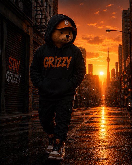 An AI-generated image of a teddy bear wearing a black 'GRIZZY' hoodie and cap, standing on a wet city street at sunset with graffiti reading 'STAY GRIZZY' on the wall.