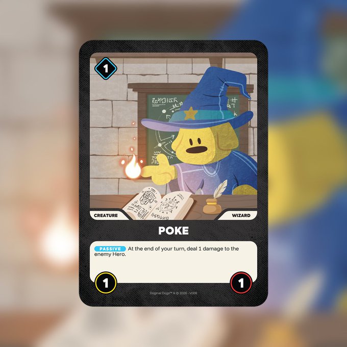 A trading card game featuring 'POKE', a 1-cost Wizard creature with the passive ability 'At the end of your turn, deal 1 damage to the enemy Hero', with 1 attack and 1 defense stats.