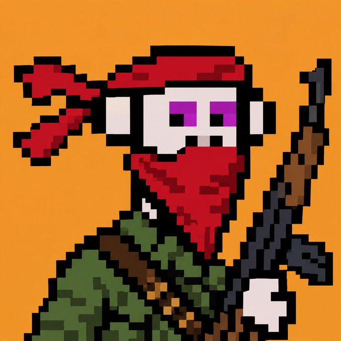A pixel art illustration of a skeleton character wearing a red bandana and cap, holding a rifle, with a skeletal jaw against an orange background.