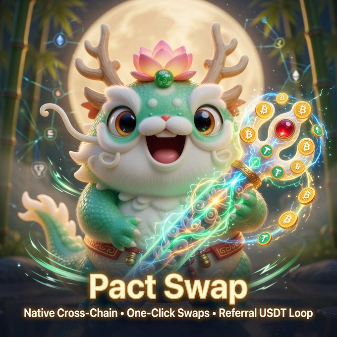 Promotional graphic for 'Pact Swap' featuring a cute green and white mythical creature (dragon-lion hybrid) holding glowing cryptocurrency coins (Bitcoin and others) against a full moon backdrop, with text reading 'Native Cross-Chain • One-Click Swaps • Referral USDT Loop'.