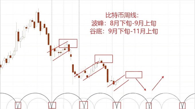 This Bitcoin weekly chart shows predicted "golden pit" cycles, with peaks from late August to early September and troughs from late September to early November, as indicated by the text. The chart visually represents these projected price movements with boxes and arrows.