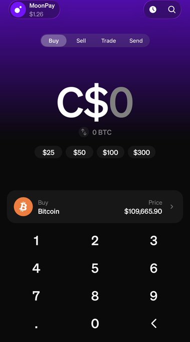 The MoonPay app interface displays a Bitcoin purchase screen with a C$0 balance, showing a current BTC price of $109,665.90. The "Buy" tab is selected with preset amounts ($25, $50, $100, $300) visible above a number pad, humorously emphasizing the user's "1 BTC" goal given Bitcoin's steep price.