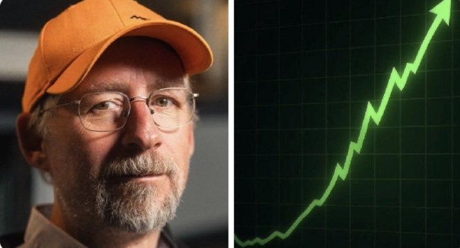 The image is split into two panels: on the left, a photo of cypherpunk pioneer Adam Back wearing an orange cap and glasses, and on the right, a green upward-trending chart with an arrow on a dark grid background symbolizing Bitcoin's anticipated price surge. The visuals reinforce the post's narrative of Back foreseeing a major bull run driven by sovereign adoption colliding with Bitcoin's fixed supply.
