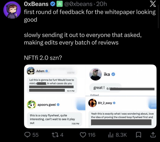 A screenshot of a tweet by 0xBeans (@0xbeans) sharing positive feedback on a whitepaper from reviewers including Adam, ika, apoorv.gwei, and Bit_2_easy, with 55 comments, 4 retweets, 116 likes, and 8.3K views, as the post hints at upcoming NFT mechanics and innovations like x402 and ERC-8004 being developed.