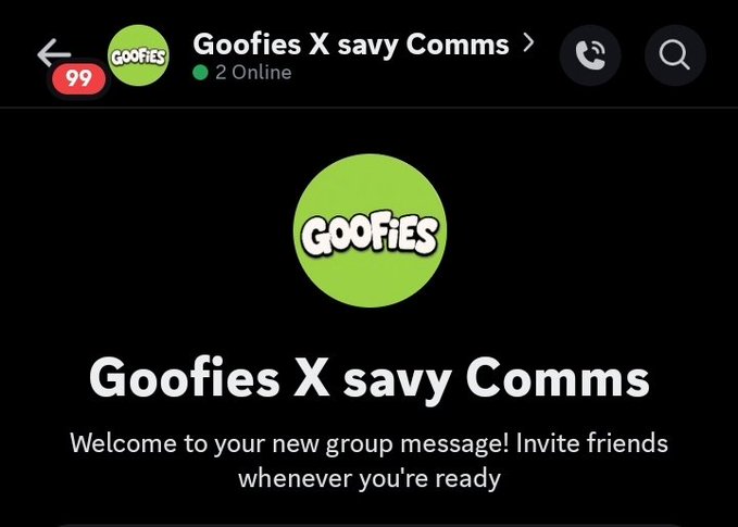 A messaging app screenshot showing a new group chat called 'Goofies X savy Comms' with a green logo and 2 online members.