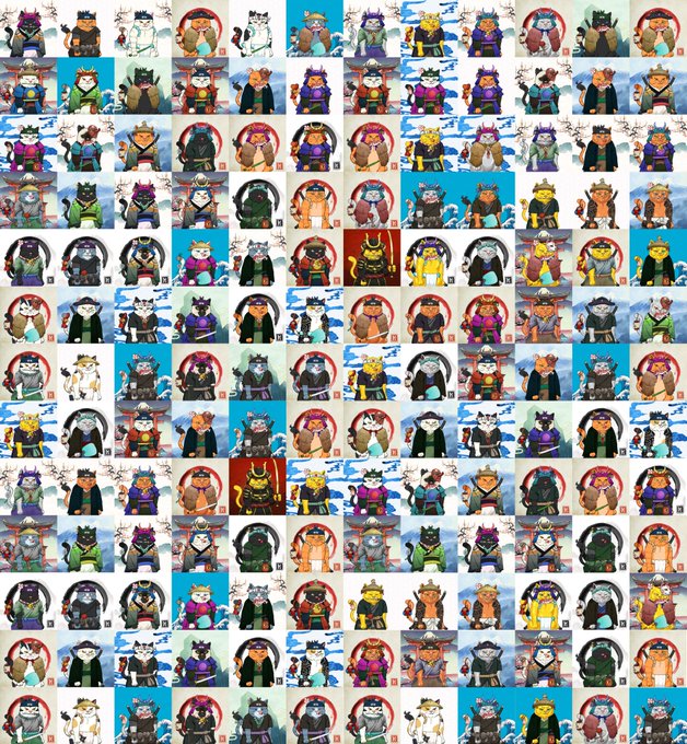 A dense grid collage of cartoon-style monkey characters in various outfits and samurai-like costumes.