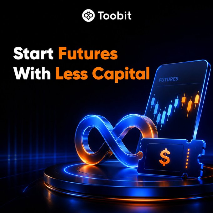 An advertisement for the cryptocurrency platform 'Toobit' featuring the text 'Start Futures With Less Capital', alongside glowing blue 3D graphics of an infinity symbol, a candlestick chart labeled 'FUTURES', and a memory chip with a dollar sign.
