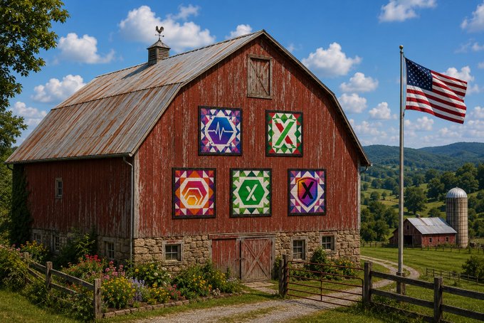 A weathered red barn with five colorful geometric quilt blocks on its facade, situated in a rural landscape with an American flag flying nearby and rolling green hills in the background.