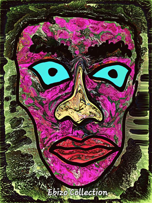 A vibrant, heavily textured pop-art style portrait of a face painted in bright pink and green with striking cyan eyes and red lips, labeled 'Ebizo Collection.'