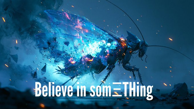 A glowing blue energy beetle bursts forward amid sparks and shattered debris, overlaid with the text "Believe in somETHing" — a visual rallying cry that reinforces the poster's bold conviction in backing their $BMNR position with 3,450 shares at a $28.90 average.