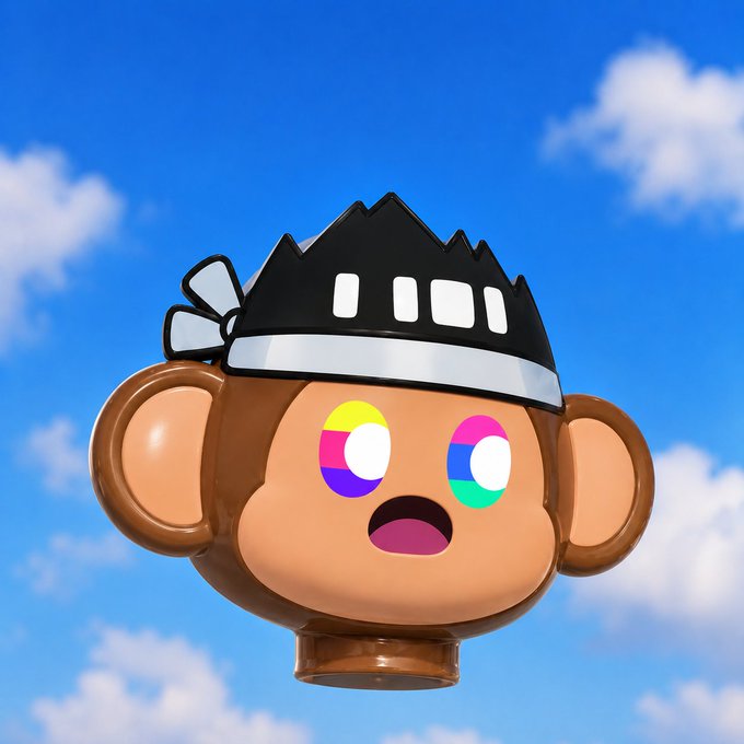 A 3D-rendered cartoon monkey character with a black crown/headband and colorful mismatched eyes floating against a blue sky with clouds.