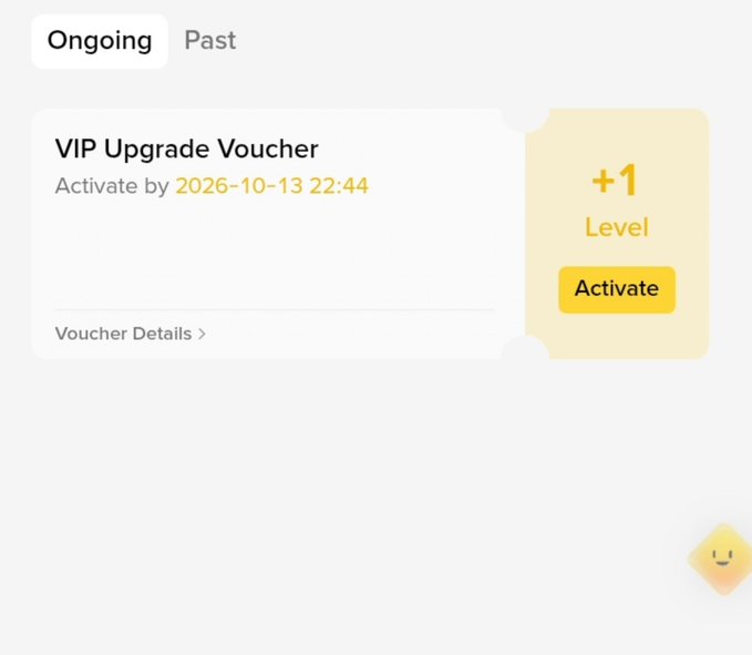 A digital VIP Upgrade Voucher interface displaying a "+1 Level" reward with an activation deadline of "2026-10-13 22:44" and a yellow "Activate" button, celebrating the user's achievement of reaching VIP 1 status on Binance as mentioned in the accompanying post.