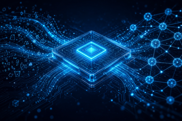 A glowing blue digital chip or processor sits at the center of a network of interconnected nodes and flowing data streams against a dark background.