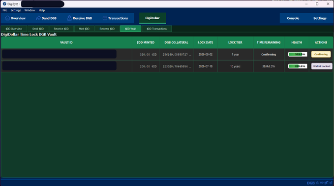 Screenshot of the DigiByte DigiDollar Time Lock DGB Vault interface showing two vault entries with their respective DGB amounts, lock dates, time remaining, and health status.