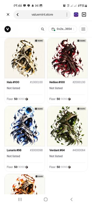 A screenshot of valuemint.store showing NFT listings including Halo #100 (#1000100), Hellion #100 (#2000100), Lunaris #58 (#3000098), and Verdant #64 (#4000064), each with a floor price of 50.