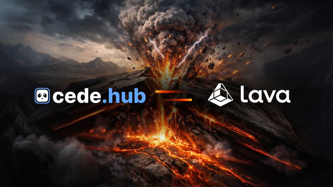 A dramatic image of a volcanic eruption with the logos "cede.hub" and "lava" separated by an equals sign in the foreground.