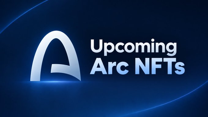 A promotional graphic with a dark blue background featuring a glowing 'A' logo and the text 'Upcoming Arc NFTs'.