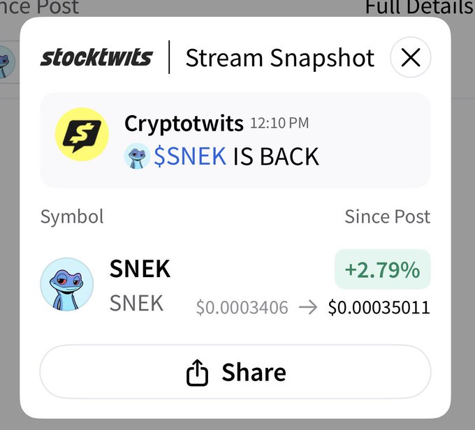 The image shows a screenshot of an app that displays information about a cryptocurrency called Snek, which has been described as "back". The app also provides details such as its price and the number of coins held by other users like Sneken.