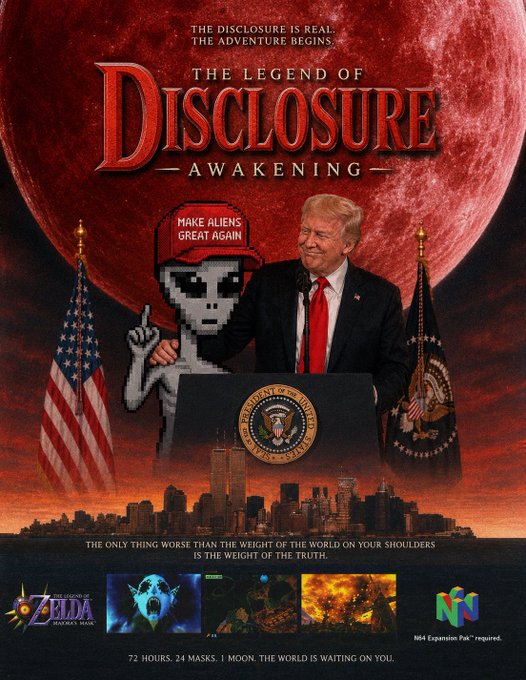 A satirical movie poster titled 'The Legend of Disclosure: Awakening' showing Donald Trump at a presidential podium with an alien wearing a 'Make Aliens Great Again' hat, set against a red moon and city skyline.