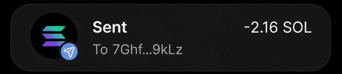 This image shows a transaction of -2.16 SOL sent to the wallet address 7Ghf...9kLz, which directly relates to the accompanying post about SOL wallet drops.