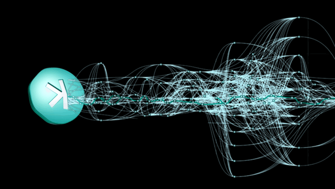 A digital illustration featuring a teal sphere with a white arrow pointing right, emitting a complex web of cyan lines and wave patterns that extend and spread outward against a black background, resembling a data or signal visualization.