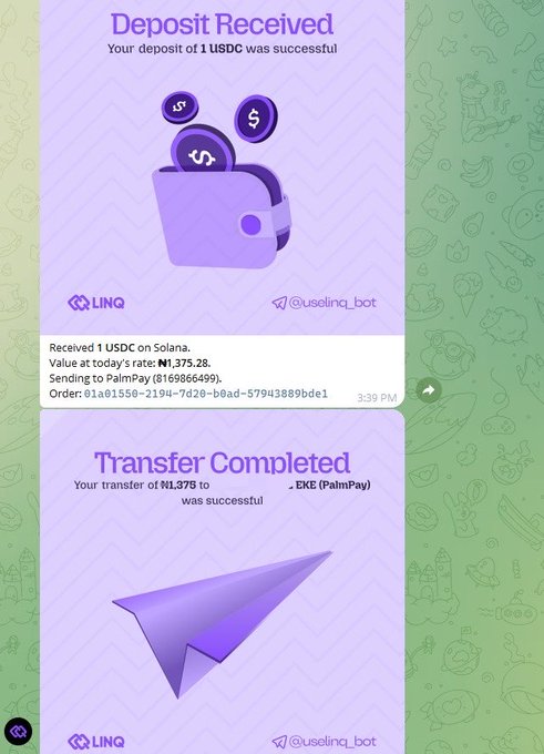 A Telegram bot interface from @uselinq_bot showing a 'Deposit Received' notification of 1 USDC at ₦1,375.28 on Solana via PalmPay, followed by a 'Transfer Completed' confirmation for ₦1,375 to an EKE wallet.