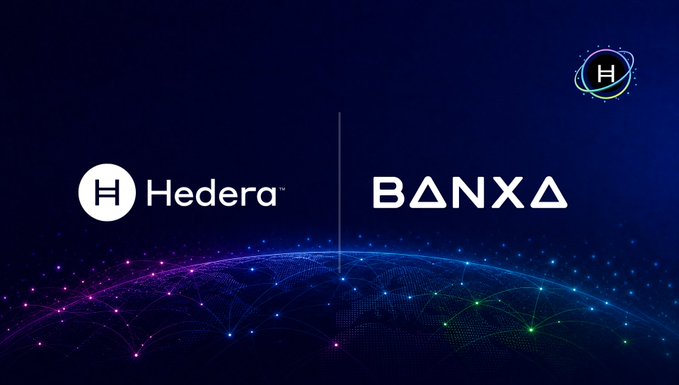 Hedera and Banxa logos side by side against a digital globe background, representing their partnership to bring fiat on-ramps to the Hedera ecosystem across 150+ countries for easier access to Web3 and on-chain assets.