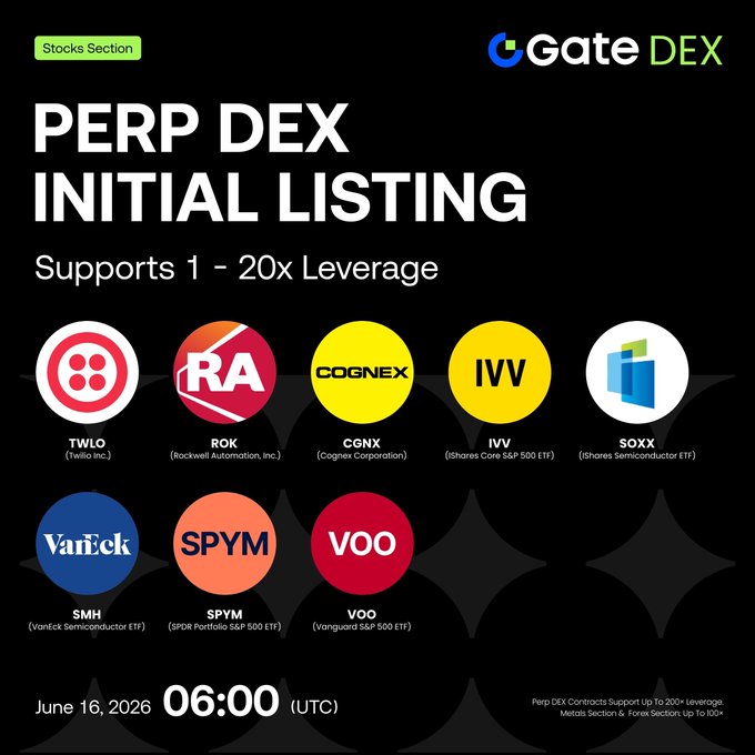 The image shows a promotional poster for GATE DEX Stocks. It features various company logos and icons, including one that displays the names of five different companies. The poster also highlights the stock's initial listing with details about its funding amount and leveraging power. Additionally, it mentions that trading begins on June 16th at 6:00 AM ( UTC) for those who participate in this initial offering.