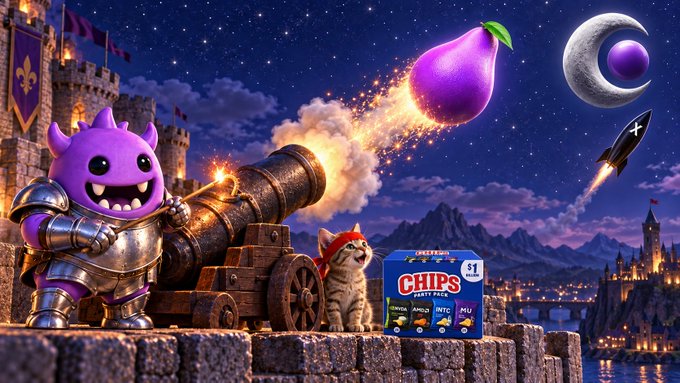 A whimsical illustration showing a purple monster firing a cannon, with a giant eggplant projectile, a cat in a red hat, and a Cheetos-flavored Chips Party Pack.