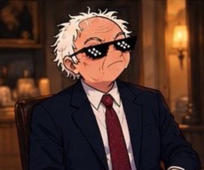 A cartoon-style illustration of an older man with white hair wearing a dark suit, red tie, and pixelated 'deal with it' style sunglasses, sitting in a wood-paneled room with candles.