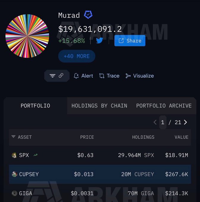 A crypto portfolio tracker screenshot for user 'Murad' showing a portfolio balance of $19,631,091.2 (+15.68%), with top holdings including SPX (29.964M), CUPSEY (20M), and GIGA (70M).