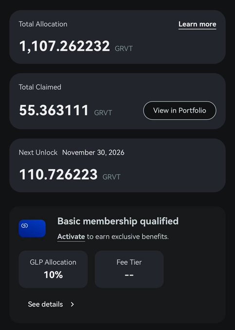 A screenshot of a GRVT token airdrop dashboard showing a total allocation of 1,107.262232 GRVT, 55.363111 GRVT claimed, and a next unlock of 110.726223 GRVT on November 30, 2026, with a basic membership qualified badge offering 10% GLP allocation. The image illustrates the GRVT holdings and unlocked tokens that qualify the user for PopDEX's priority beta access and VIP3+ rate level benefits.